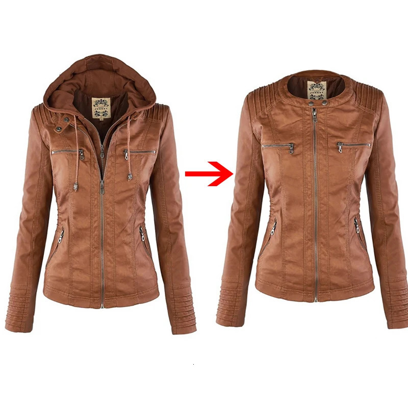 Faux Leather Jacket Women Khaki Winter Motorcycle Gothic Hoodies Outerwear PU Basic Coat 241129