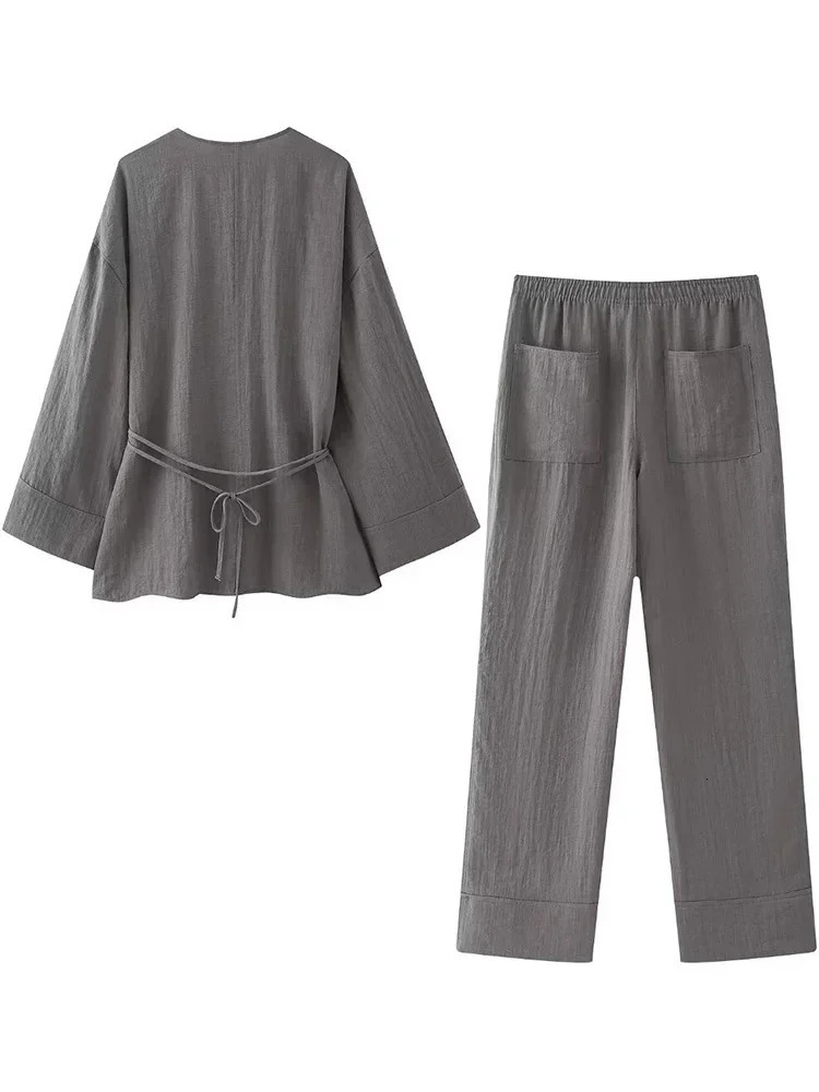 Aoaiiys Grey Pants Sets Women Fashion Two Piece Set Lace Up Loose Coats Vintage Tops High Elastic Waist Trousers Chic Pants Sets 240423
