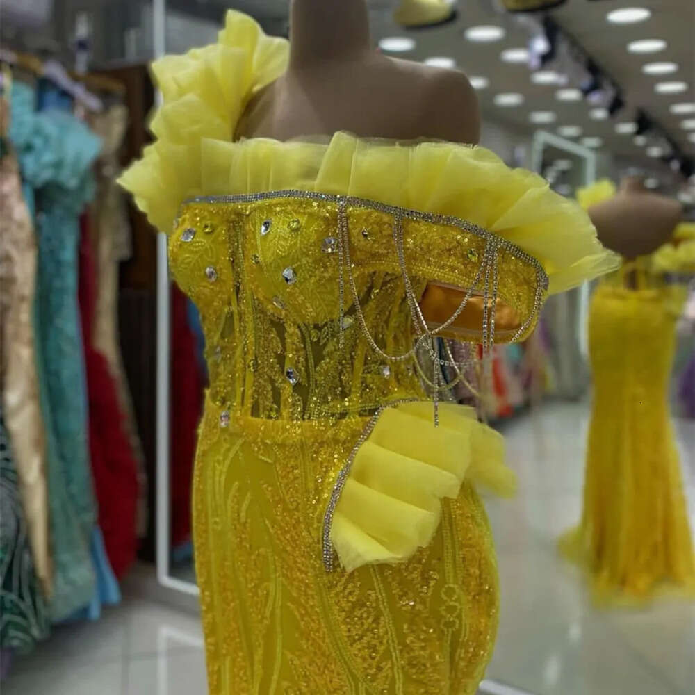 Mermaid Ebi Aso Yellow Prom Dress Crystals Sequined Lace Evening Formal Party Second Reception Birthday Engagement Gowns Dresses Robe De Soiree Zj Es 
