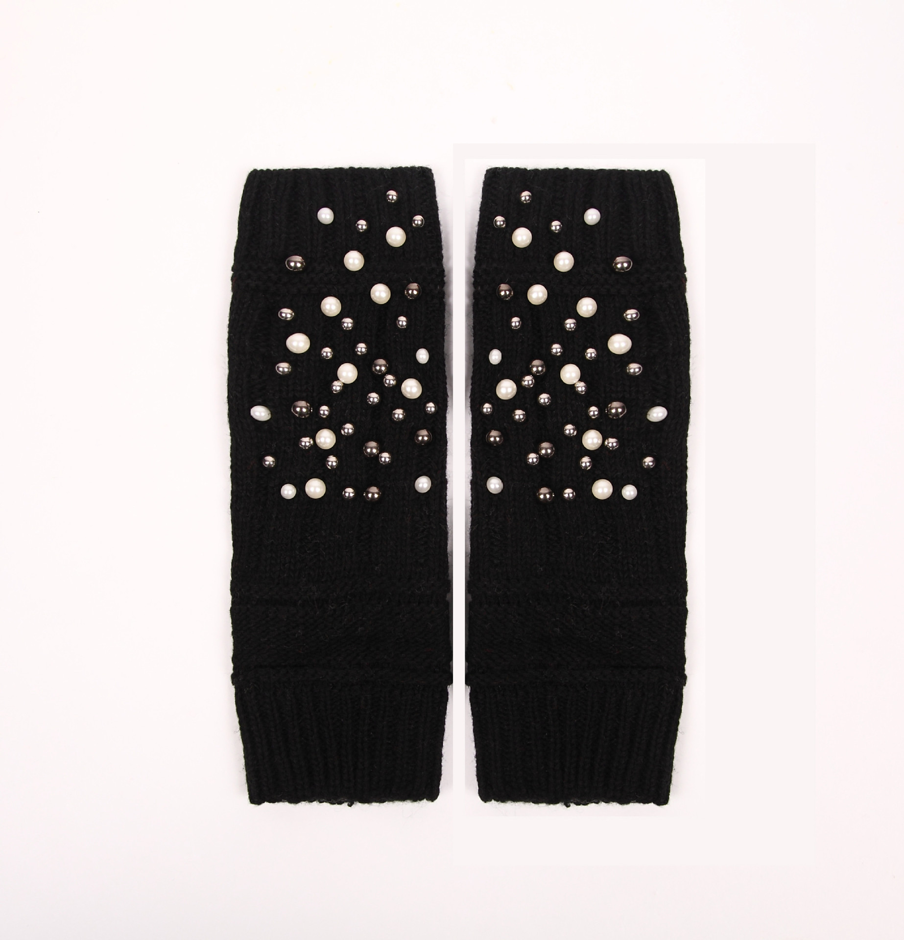 Autumn and winter new long tube split finger half finger gloves warm and thick monochrome half finger pearl women's knitted gloves
