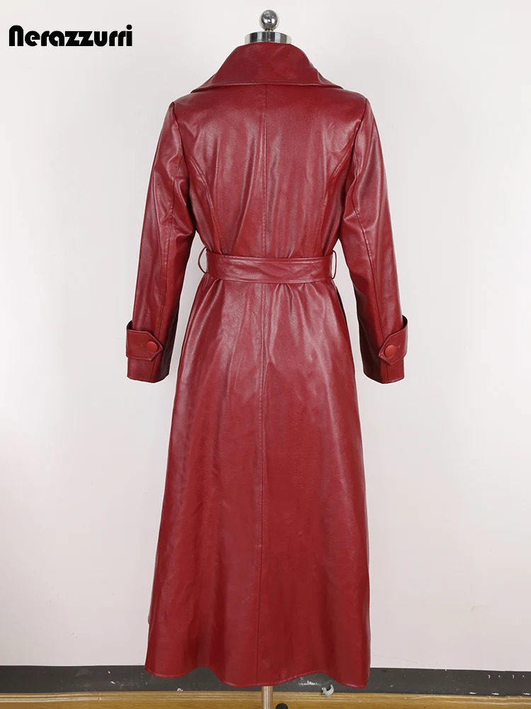 Nerazzurri Spring Autumn Fitted Long Pu Leather Trench Coat for Women Sashes Single Breasted Elegant Chic Clothes 2024 241129