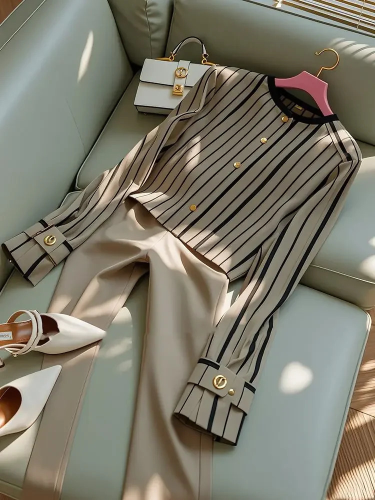 Autumn Korean Fashion High End Long Sleeve Stripe Shirt Waist Slim Suit Pants Formal Two Piece Set Women Outfits 241129