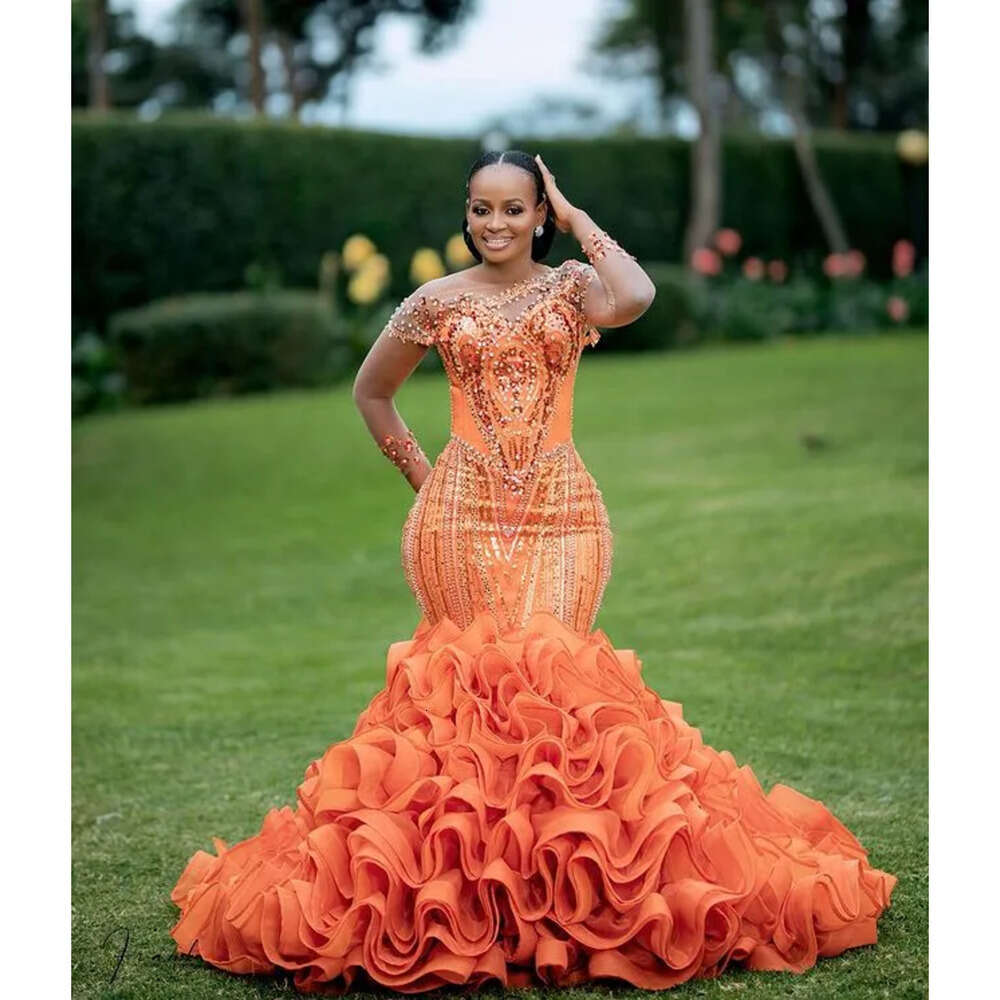Ebi August Orange Mermaid Aso Prom Dress Beaded Crystals Evening Formal Party Second Reception Birthday Engagement Gowns Dresses Robe De Soiree Zj Es