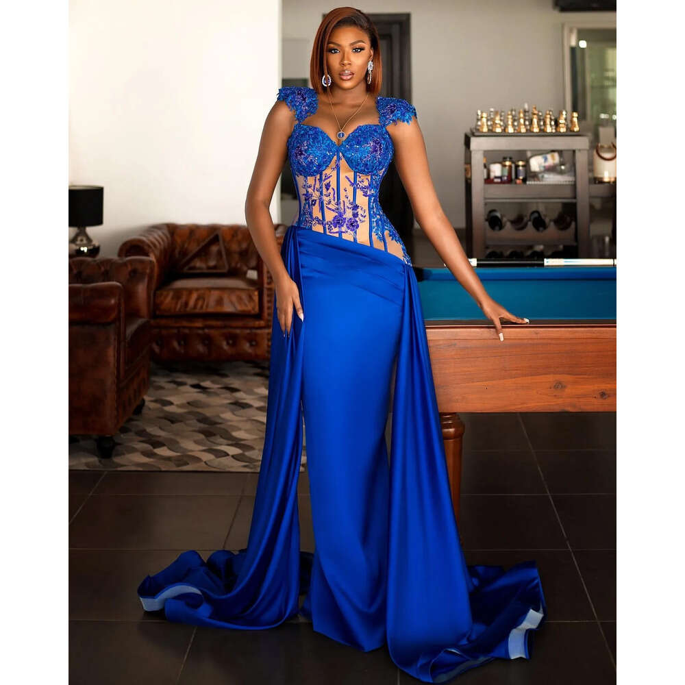 Royal Blue Mermaid Prom Dress | Beaded Lace Satin Evening Formal Gown 0218