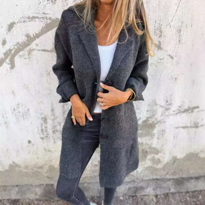 Autumn And Winter New Women's Solid Color Flip Tie Pocket Cardigan Single Breasted Mid Length Jacket Trendy Clothing Fashionable Casual Temperame