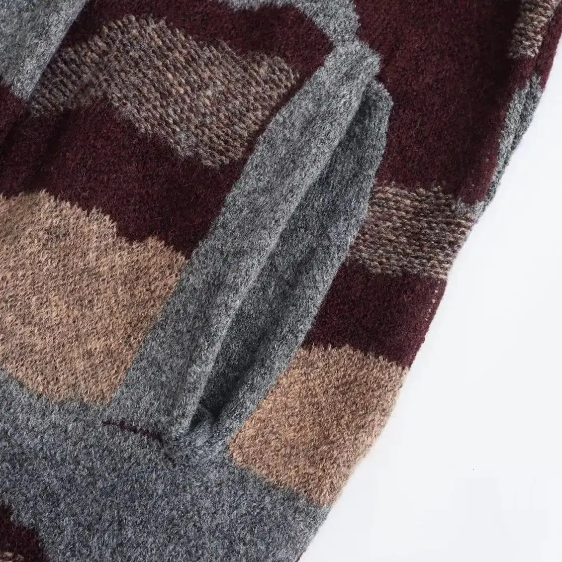 Elegant Jacquard Knitted For Women Lapel Long Sleeves Pockets Cardigan Coat Female Street Shawl Overcoat 2756/105