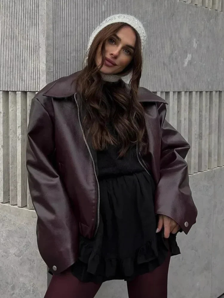 Chic Wine Red Faux Leather Zipper Womans Jacket Vintage Lapel Long Sleeve Loose Coats 2024 Fashion Casual Autumn Streetwear 241129