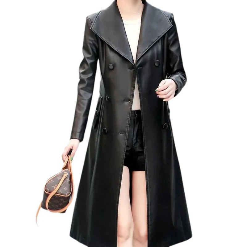 Lautaro Autumn Black Waterproof Pu Leather Trench Coat for Women Long Sleeve Belt Double Breasted Fashion 241129