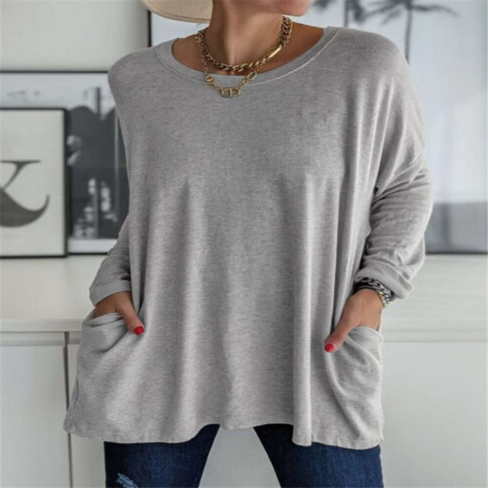 Spring Summer New European And American Round Neck Long Sleeved Loose Pocket Solid Color T-Shirt Casual Women's Fashion Trend Clothing Fashionabl