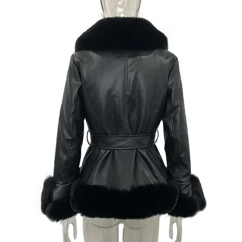 DISCVRY PU Leather Short Jacket Fashion Tie Belt Waist Coat Elegant Side Pockets Faux Fur Jackets Female Ladies 241129