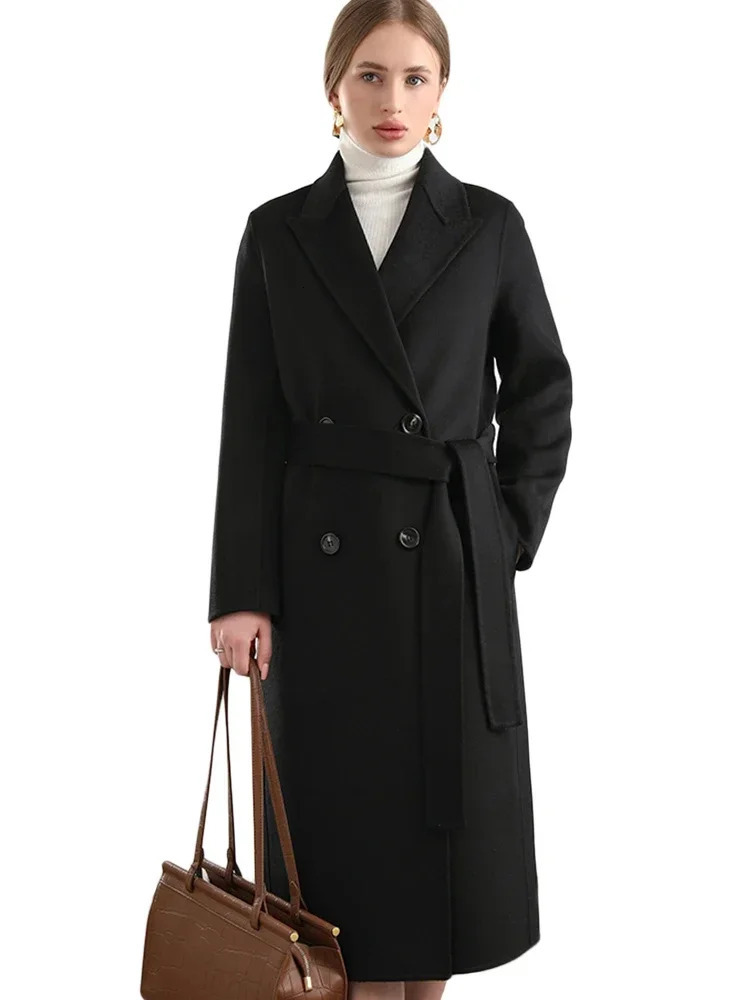 Women 100 Wool Lapel Overcoat Belt DoubleBreasted Autumn Winter Long Jacket Trench Coat Ladies trf za Female Clothing 19 241129