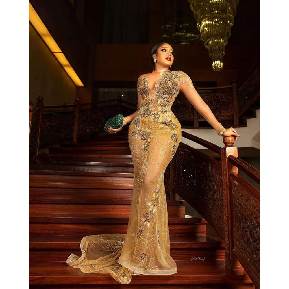 Aso Plus Ebi Arabic Size Gold Urious Mermaid Prom Dresses Lace Beaded Sheer Neck Evening Formal Party Second Reception Gowns Dress Zj 6660306