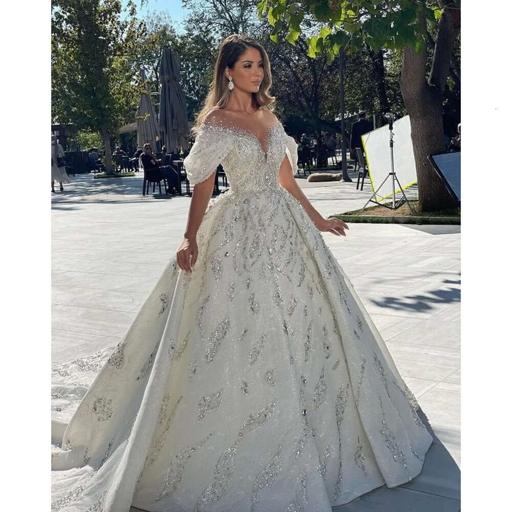 Arabic Ebi Aso Size Plus Luxurious Sparkly Sexy Wedding Dress Sheer Neck Beaded Crystals Bridal Gowns Dresses Zj Es