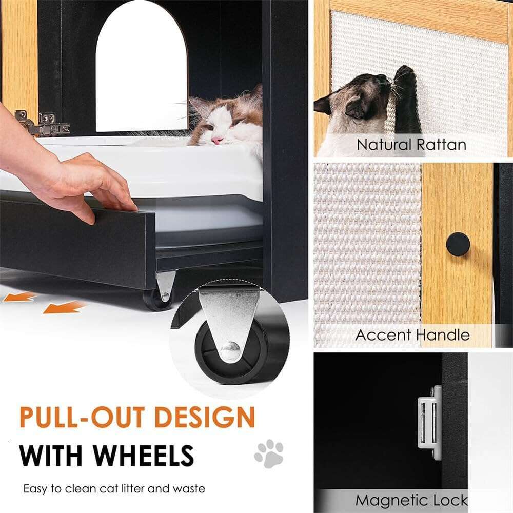 Furniture Corner Encloure Kitty End Table With Scratching Board Door And Pull-Out Box Board, Litter Cabinet Hidden Cat Wahroom Black