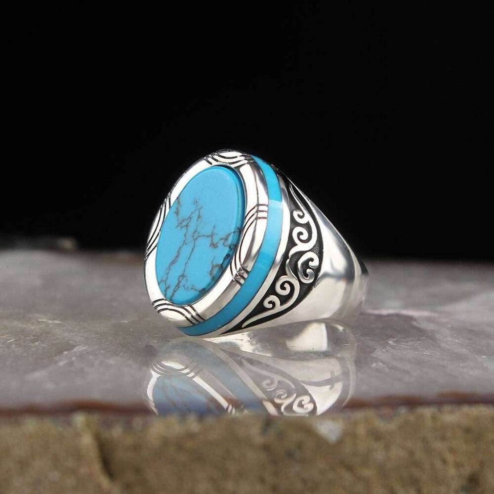 Hecheng Personality Punk Turquoise Men's Ring