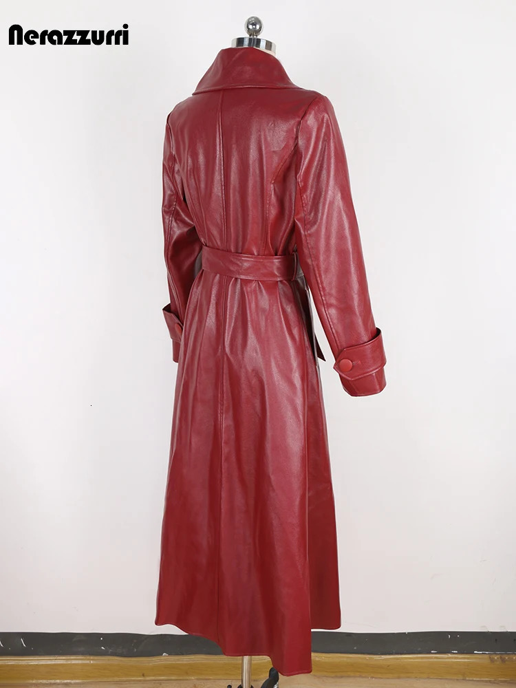 Nerazzurri Spring Autumn Fitted Long Pu Leather Trench Coat for Women Sashes Single Breasted Elegant Chic Clothes 2024 241129