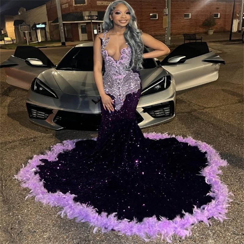 Luxury Dark Purple Prom Dresses For Black Girls Gorgeous Mermaid Sequin Feather Evening Gowns Diamond Crystal Formal Birthday Party Gowns Vestio De Ga