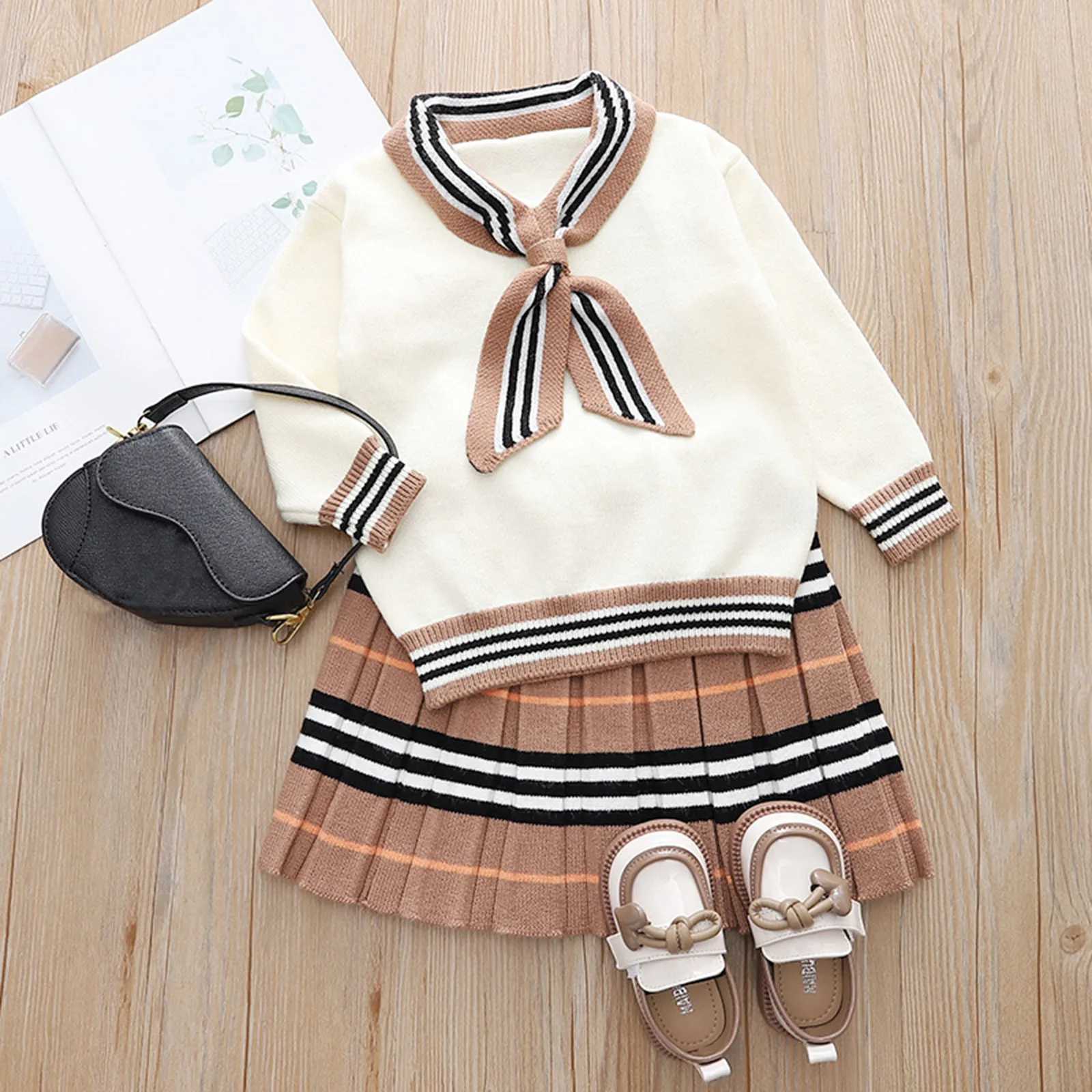 Clothing Sets Newly born cute woman toddler little girl long sleeved knitted sweater plain weave leather goods school style childrens activity clothi 