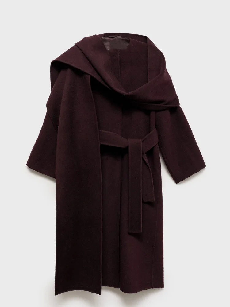 2024 Burgundy Red Elegant Scarf Collar Woolen Overcoat Women Fashion Long Sleeved Lace Up Oversized Jacket Female Chic Outerwear 241129