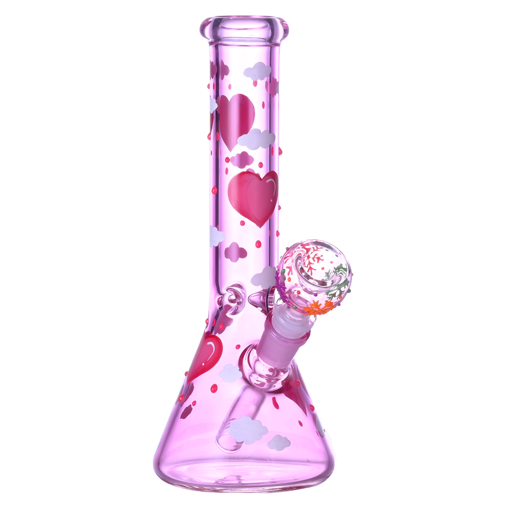 Glass Beaker Bong,Handdrawn Cartoon Love & Cloud Pattern,Glow In The Dark,Borosilicate Pink Glass Water Pipe,Glass Hookah,Valentine's Day Gift,Sm