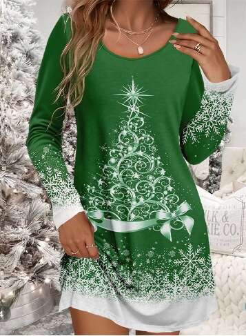 Women's casual with snowflake and Christmas tree print long sleeved round neck micro elastic dress