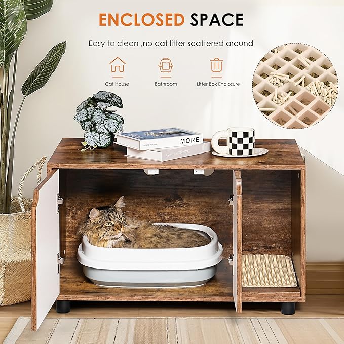 Encloure For 2 Cat - Box Furniture, Encloed Litter Boxe, Cat Furniture Cabinet -White Brown