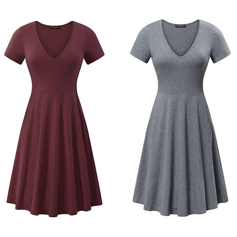 Spring Summer European And American Plus Size Solid Color V-Neck Short Sleeved Simple Loose Dress Trendy Clothing Fashionable Casual Temperament B2