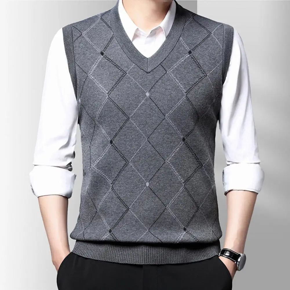Geometric Rhombus Men Knitted Vest British style V Neck Solid Color Business Autumn Winter Warm WindprooMale Waistcoat 241129