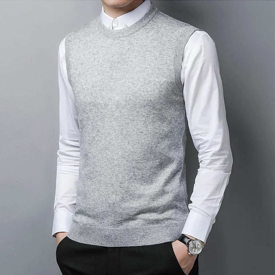 Men Sweater Vest Korean Round Neck Business Casual Fitted Version Black Light Grey Sleeveless Knitted Top Male 241129