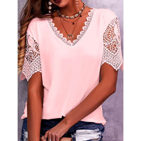 European American Women's Trade T-Shirt With Lace Ing, Loose V-Neck Short Sleeved Fashion, Fashionable And Casual Temperament B1