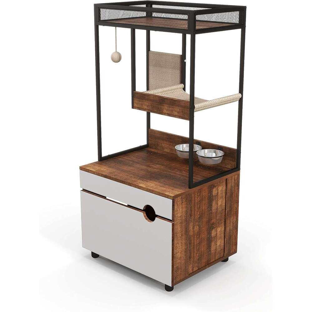Litter Box Encloure Furniture Tree, All-In-One Modern Cat Tower With Condo, Hammock, Food Station, Scratching Mat, 48-Inch, Rutic Brown