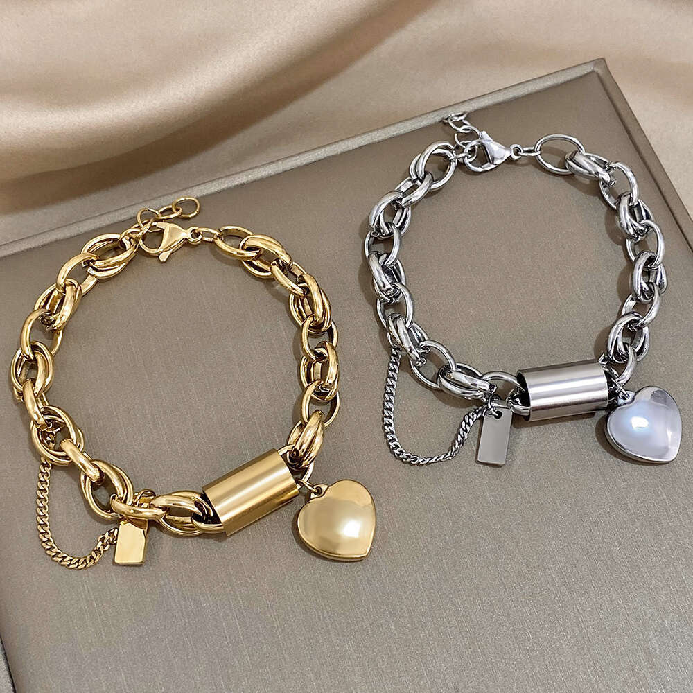 Punk Chunky Gold Color Thick Chain Stainless Steel Bracelets for Women Fashion Design Heart Love Pendant Wrist Jewelry Gift