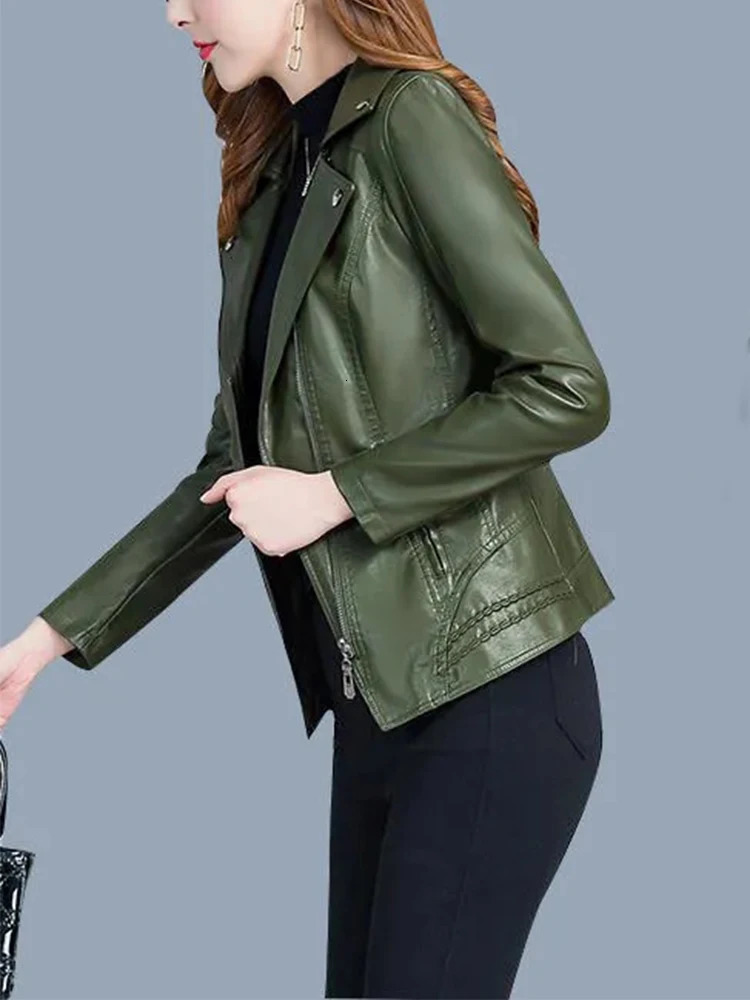Stylishe Short Faux Leather Jacket Women Green Zipper Korean Style Office Lady Blazer Coat Slim Black Female Jackets Spring Fall 241129