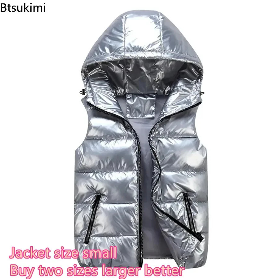 Mens Hooded Vest Coats Fashion Glossy Waterproof n Couple Down Cotton Lightweight Casual Waistcoat Male Parkas Vests 241129