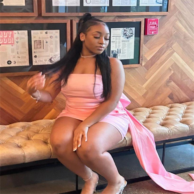 Chic Plus Size Pink Prom Dress With Bow Train Sexy Strapless Holiday Evening Short Dress Satin Foraml Occasion Party Birthday Homecoming Dress Vestio 