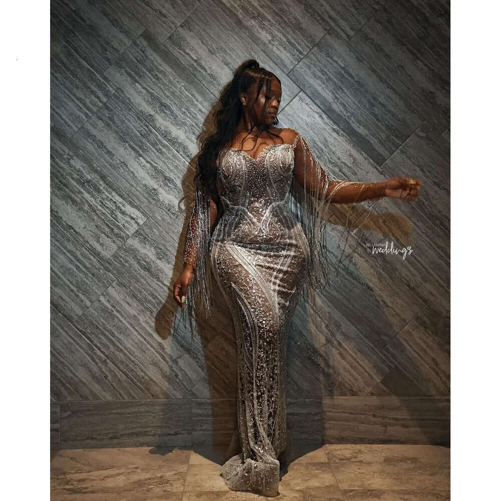 Aso Plus Size Arabic Ebi Urious Sier Mermaid Prom Dresses Beaded Lace Sheer Neck Evening Formal Party Second Reception Gowns Dress Zj 6660306