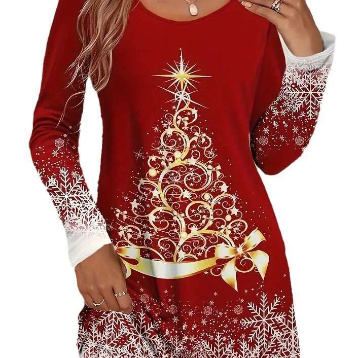 Women's casual with snowflake and Christmas tree print long sleeved round neck micro elastic dress