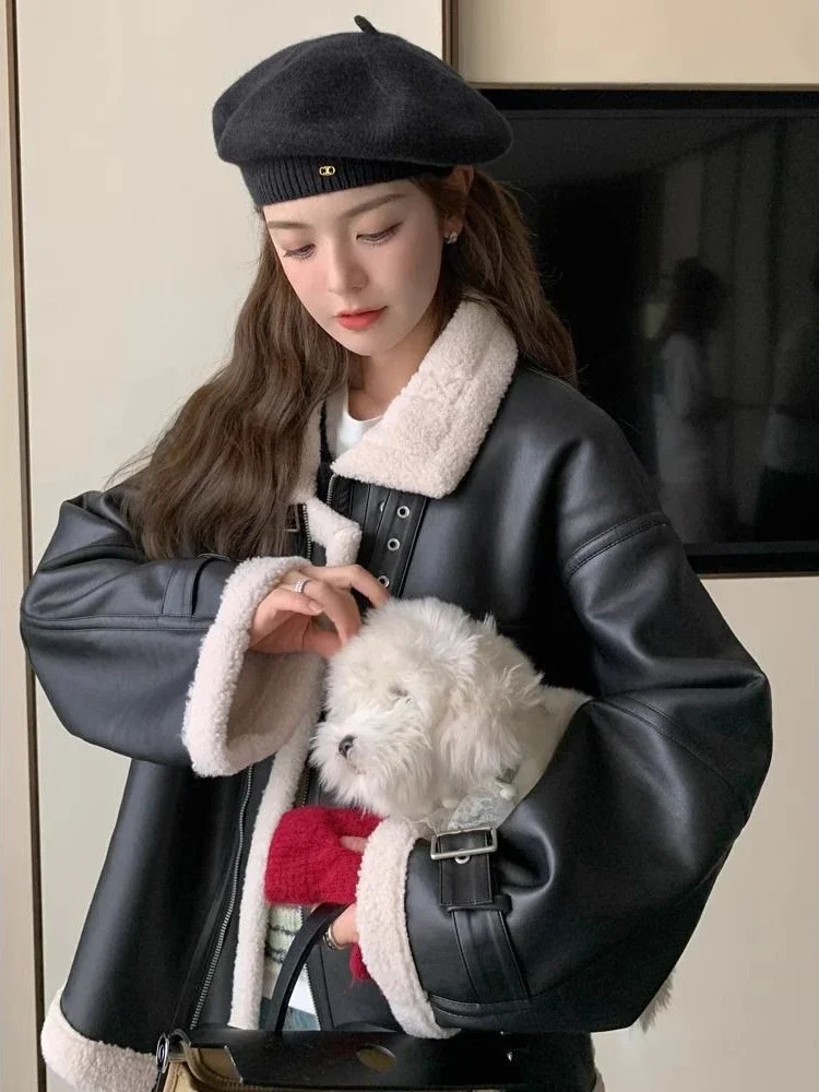 2024 Autumn and Winter Fashion Womens Warm Leather Jacket Motorcycle Wear Collar Fur Integrated Loose Long Sleeve Coat 241129