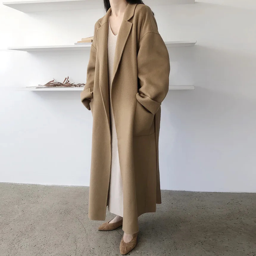 2024 Winter Korean Khaki Woolen Coat Women Mid Waist Tie Jacket Daily Street Casual Coats Clothing 241129