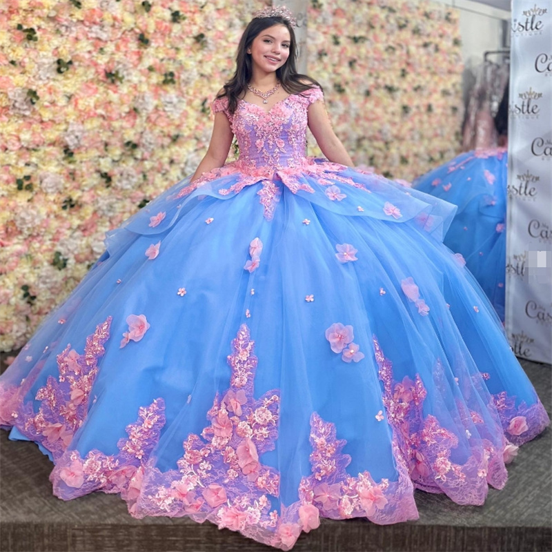 Gorgeous Blue And Pink Quinceanera Dresses 2025 Off Shoulder 3D Florals Lace Corset Charro Vestidos De 15 Anos Birthday Vestios Xv Debutante Princess 