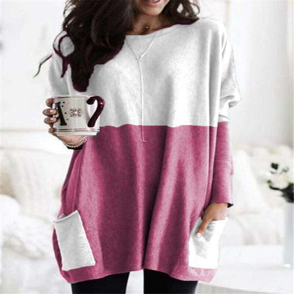 European And American Women's Autumn Round Neck Long Sleeved Patchwork Casual Pocket T-Shirt Top Trendy Clothing Fashion Temperament B4