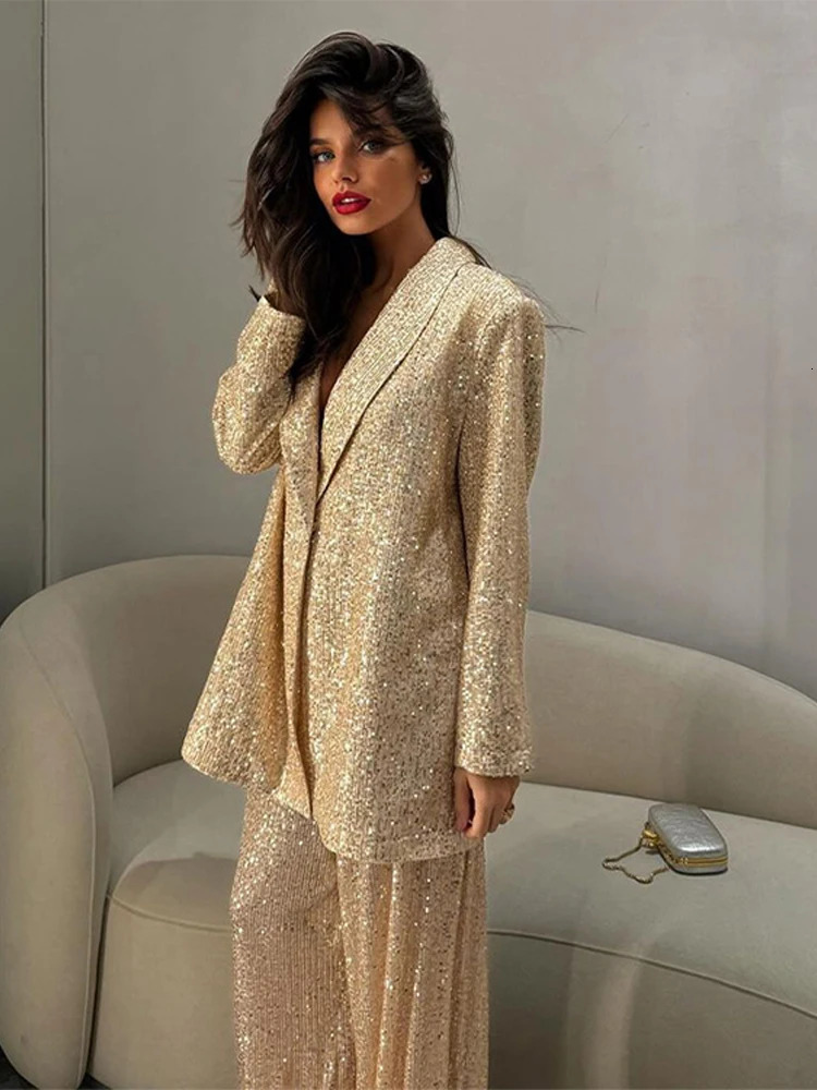 Fashion Sequines Jacket Pants Suit One Button Lapel Long Sleeve Coat Wide Leg Pant 2024 Autumn Commuting Loose Sets 241129