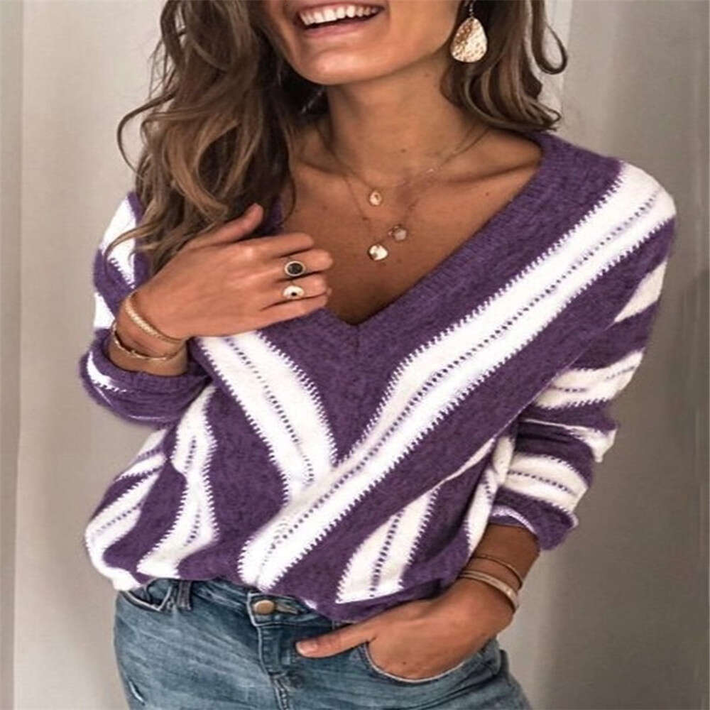 Autumn Winter Thin Style Commuting Base Sweater For Women, Loose V-Neck Long Sleeved Knitted Clothing From Europe America, Trendy Clothing, Fashionabl