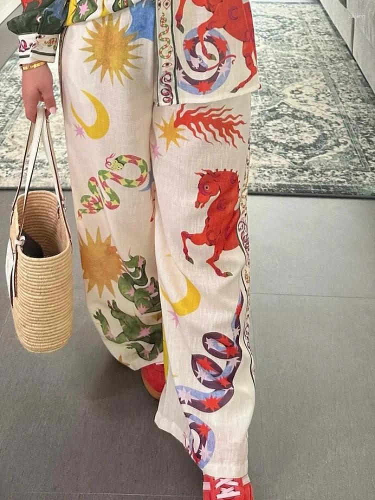 Women's Two Piece Pants Street Printed Shirt Pant Sets Women Lapel Long Sleeve Loose High Waist Wide Leg Suits 2024 Summer Lady 2 Pieces Set