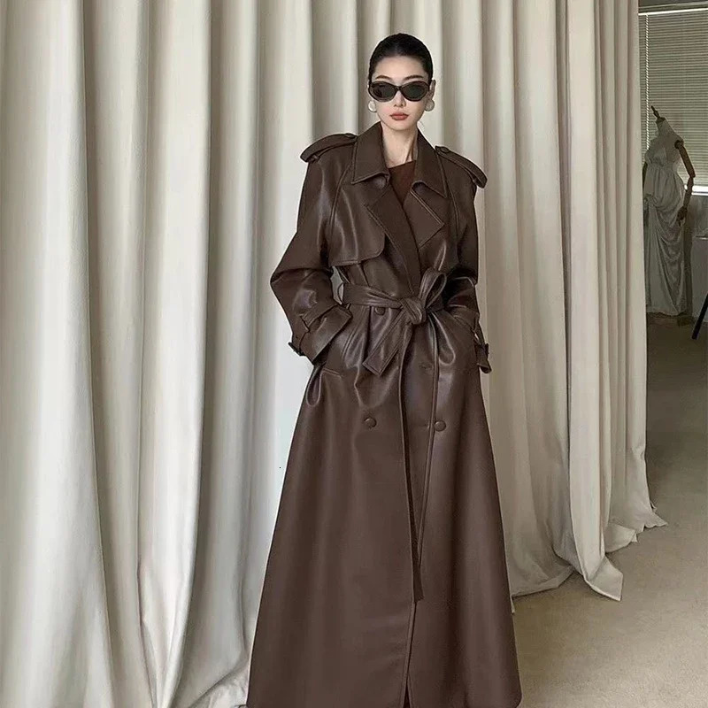 2024 Women Fashion With Belt Long Style Single Breasted Faux Leather Coat Vintage Sleeve Pockets Female Outerwear 241129