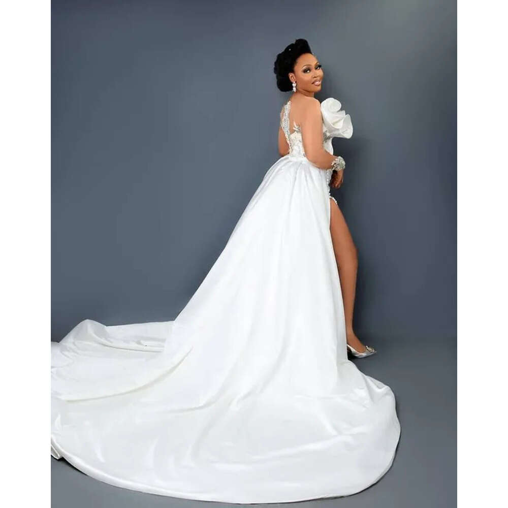 Plus Aso Arabic Size Ebi Mermaid Lace Crystals Wedding Gowns Sheer Neck High Split Detachable Train Bridal Dresses Zj 6660306