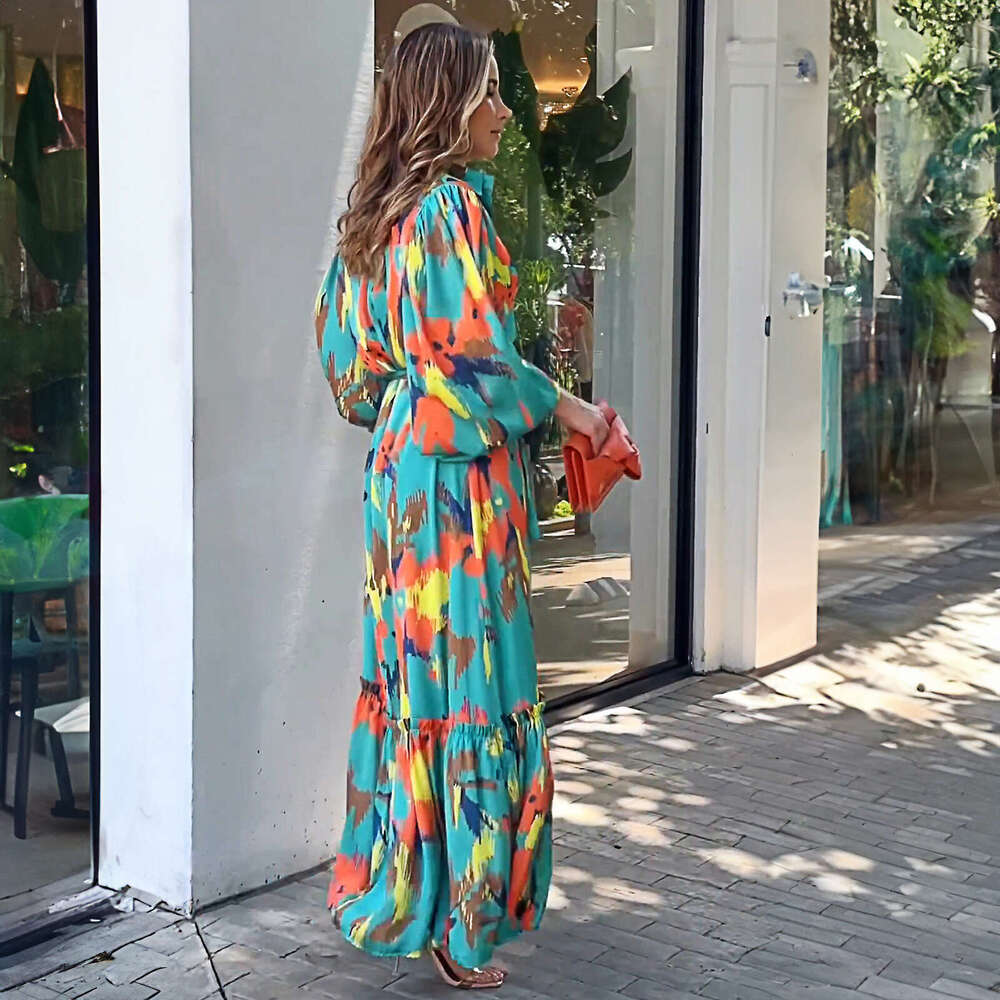 Autumn Winter Printed Temperament Lapel Single Breasted Long Skirt New European American Jumpsuit Women's Trendy Clothing Fashionable And Casual