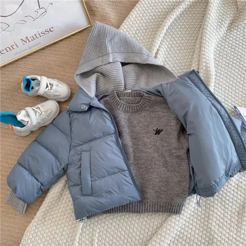 2023 Winter Baby Toddler Boy Korean Style Knitted Patchwork Hooded Jacket Coat Thicken Outdoor Wear 27YEARS 241126