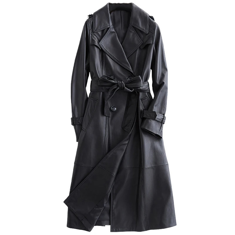 Lautaro Autumn Long Black Leather Trench Coat for Women Sleeve Belt Lapel Spring British Style Outerwear Fashion 241129