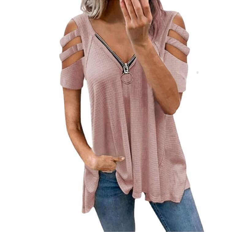 Xia Oumei's New Off Shoulder Short Sleeved V-Neck Zipper Solid Color T-Shirt Top, Women's Trendy Clothing, Fashionable And Casual Temperamen